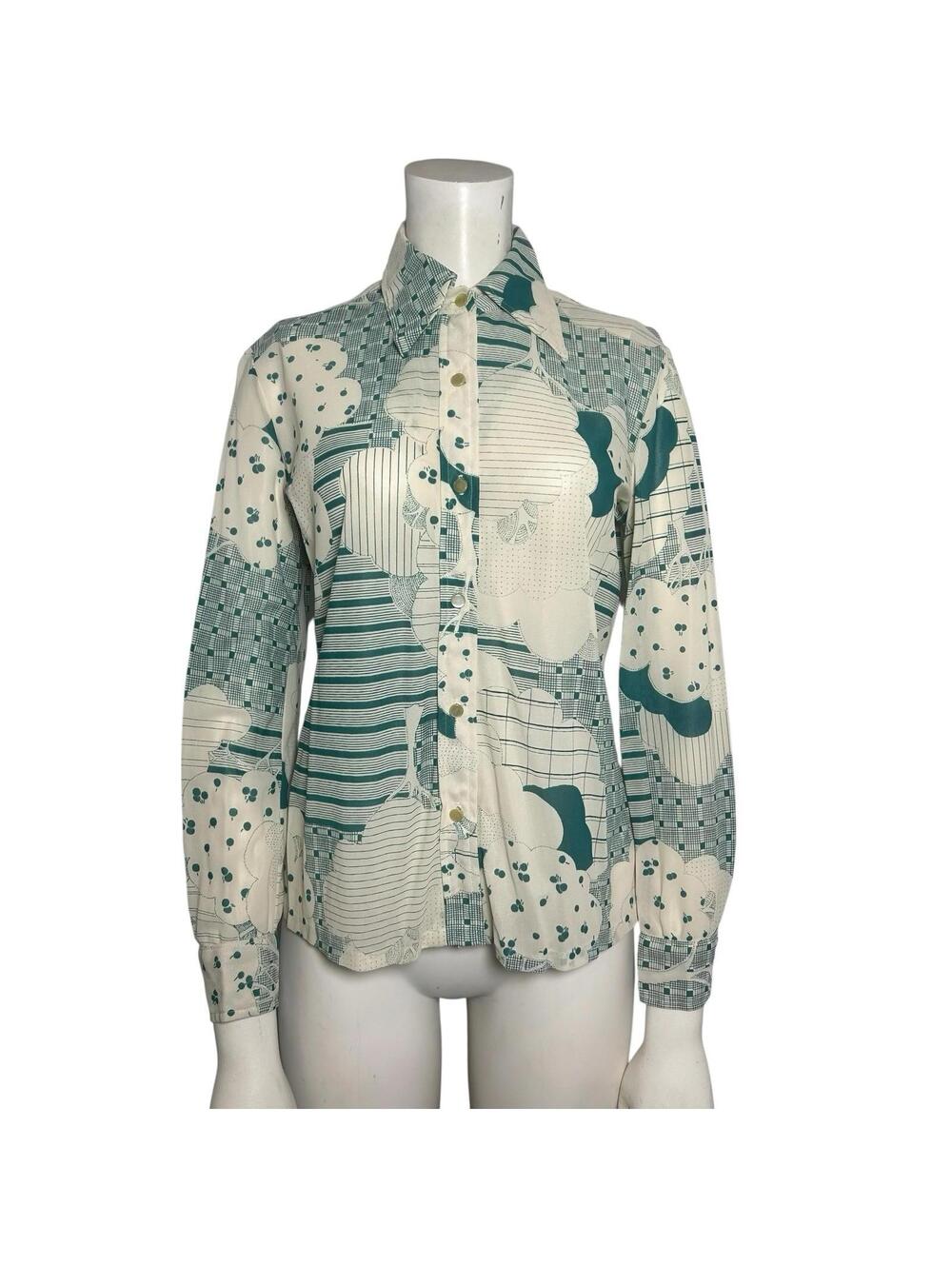 Vintage 70s Personage Leslie Fay Mod Geometric Button Shirt Blouse Medium